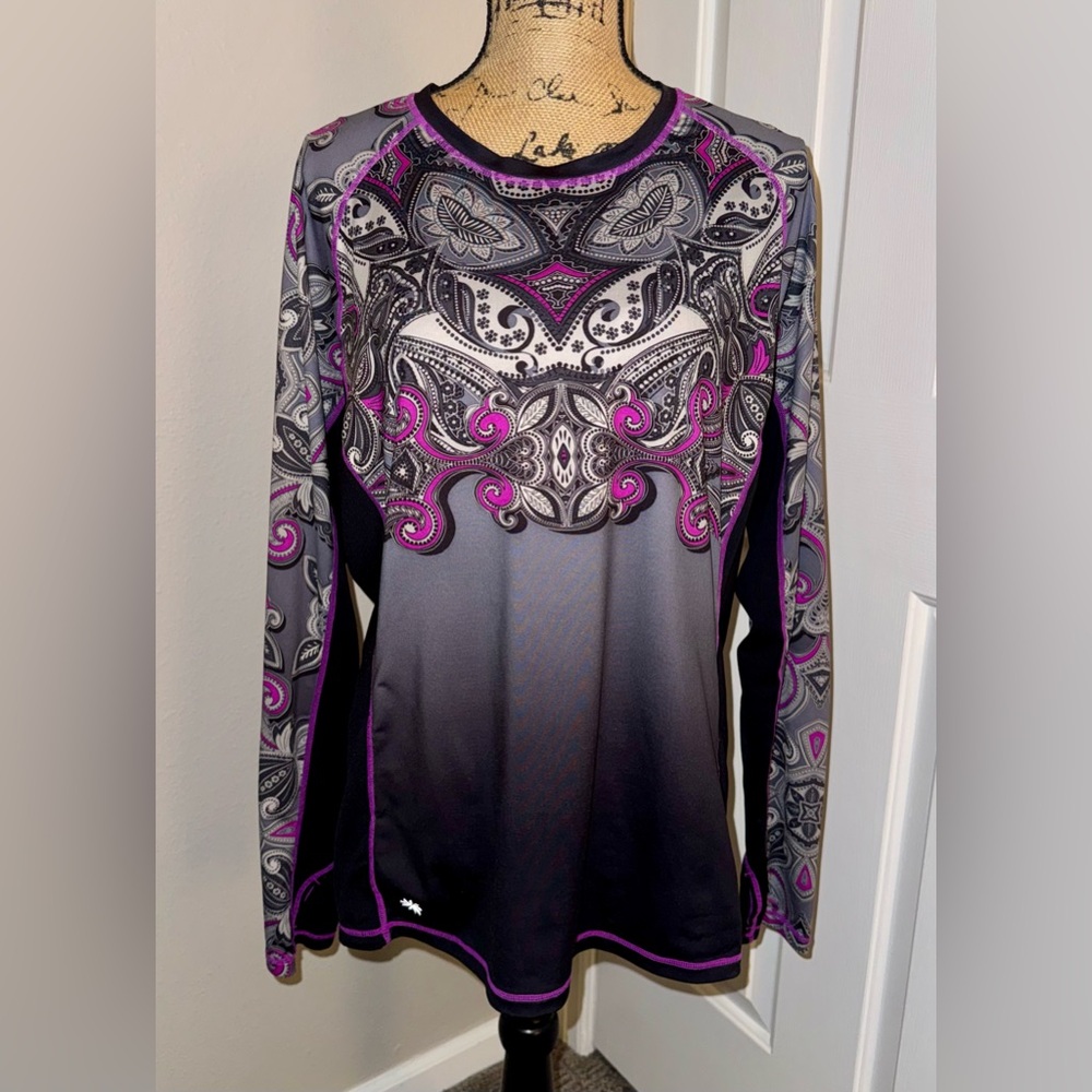 Athleta Women's Black and Pink Paisley Long Sleeve Top, Size XL